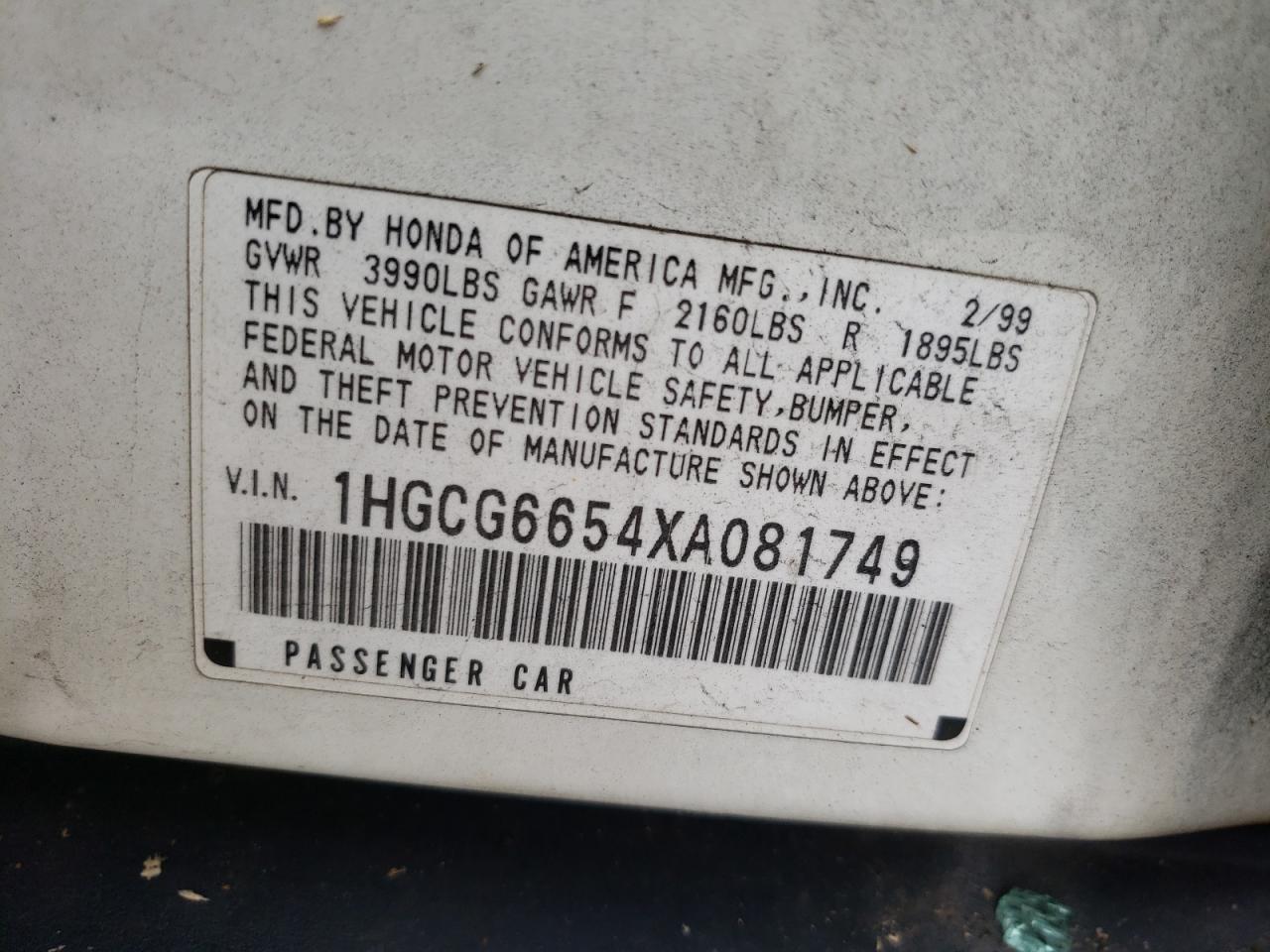 1HGCG6654XA081749 1999 Honda Accord Lx