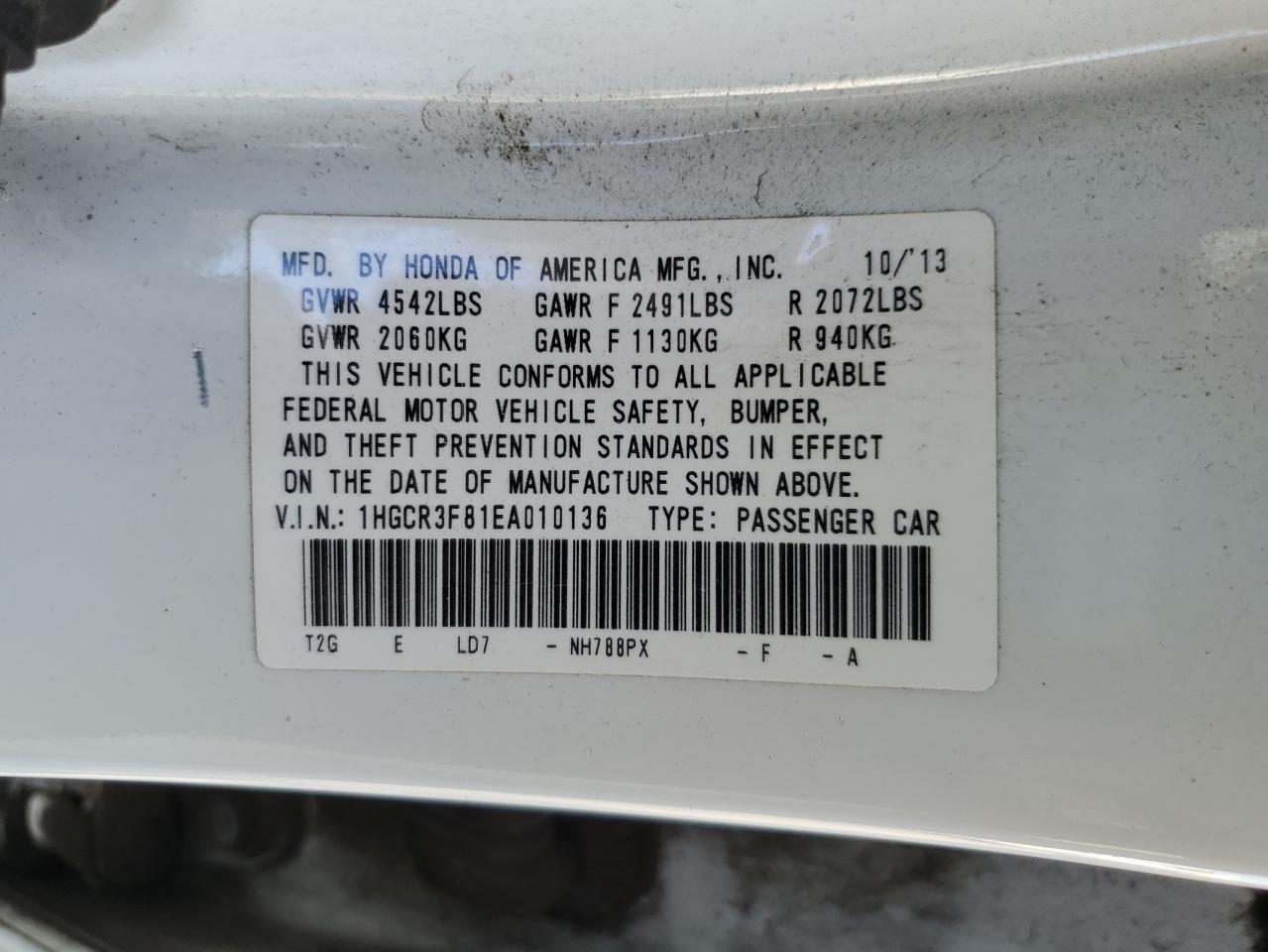 1HGCR3F81EA010136 2014 Honda Accord Exl