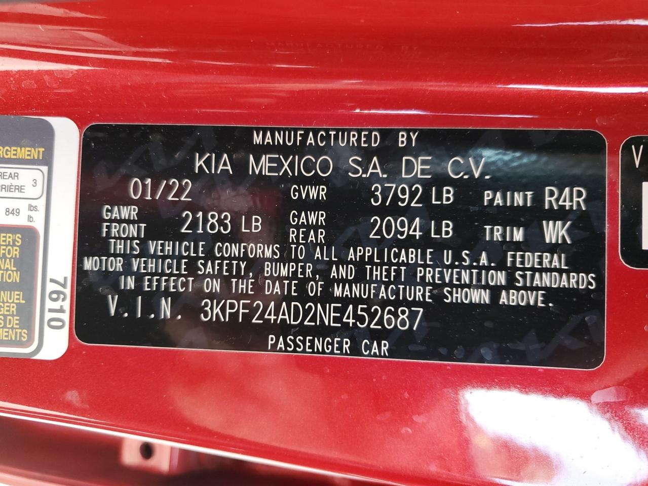 2022 Kia Forte Fe VIN: 3KPF24AD2NE452687 Lot: 72812254