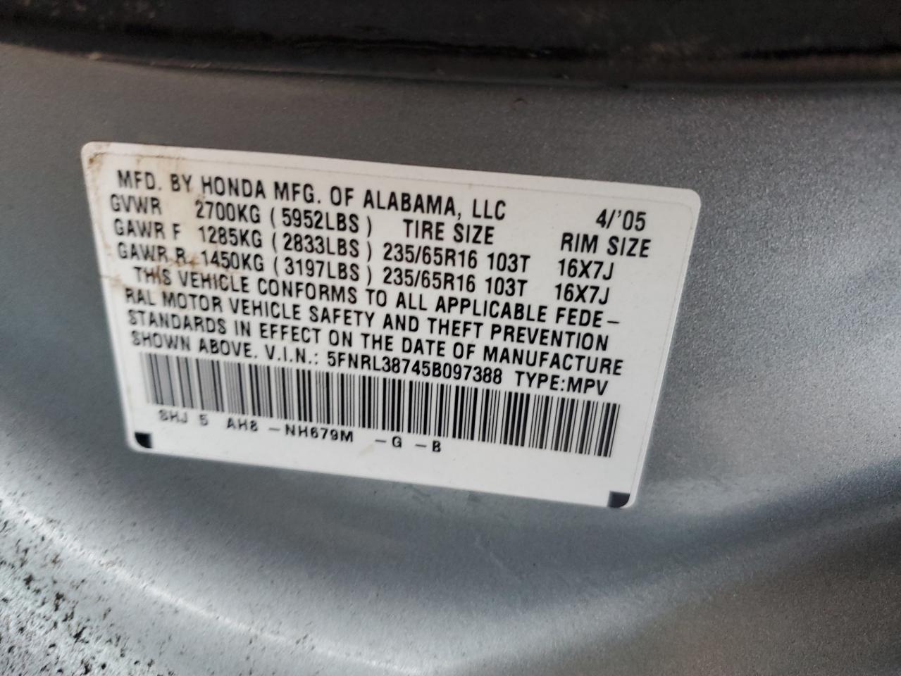 2005 Honda Odyssey Exl VIN: 5FNRL38745B097388 Lot: 73822754