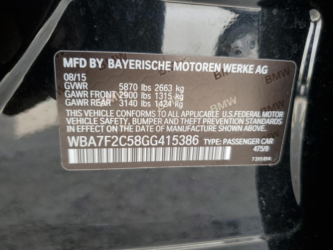 2016 BMW 750 Xi VIN: WBA7F2C58GG415386 Lot: 72935904