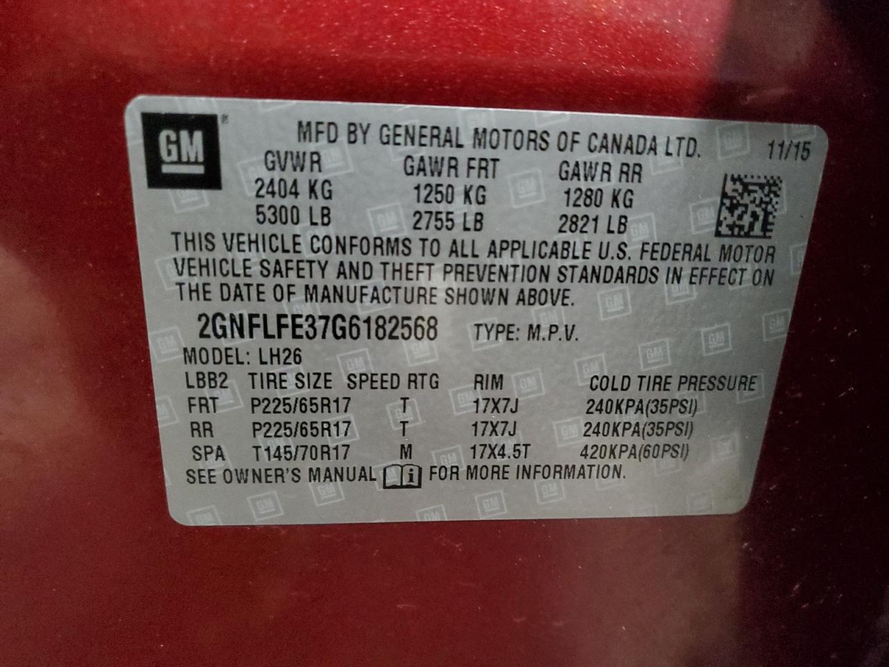 2GNFLFE37G6182568 2016 Chevrolet Equinox Lt