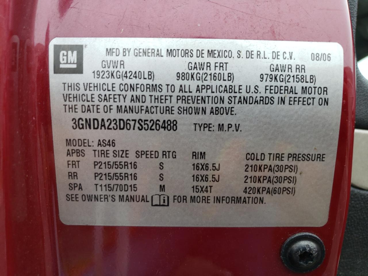 2007 Chevrolet Hhr Lt VIN: 3GNDA23D67S526488 Lot: 71795154