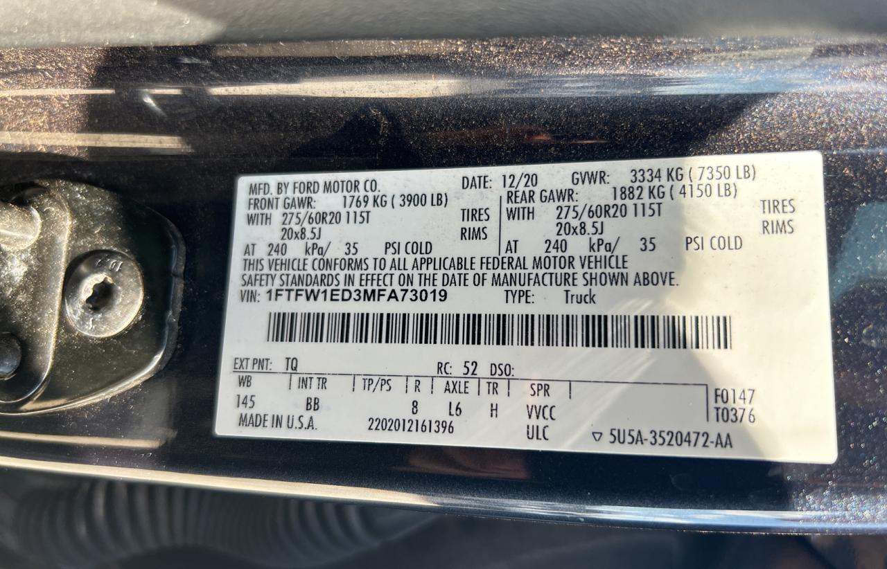 2021 Ford F150 Supercrew VIN: 1FTFW1ED3MFA73019 Lot: 72424634