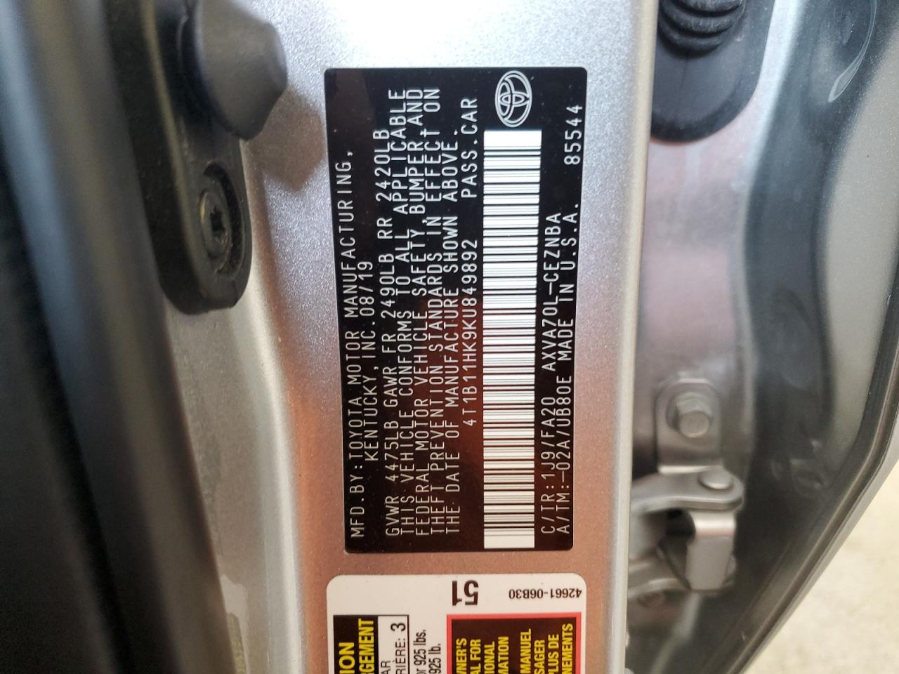 4T1B11HK9KU849892 2019 Toyota Camry L