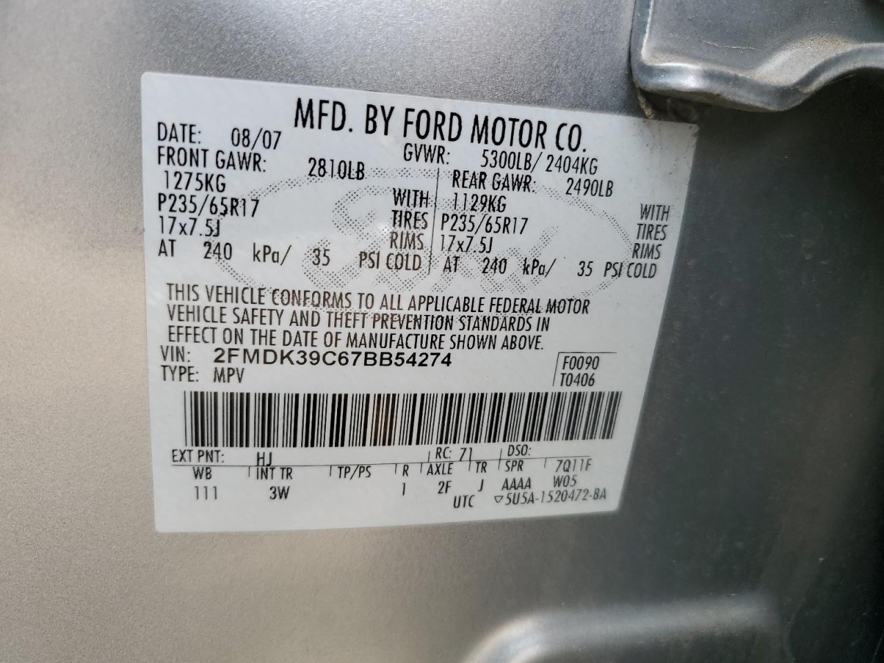 2FMDK39C67BB54274 2007 Ford Edge Sel Plus