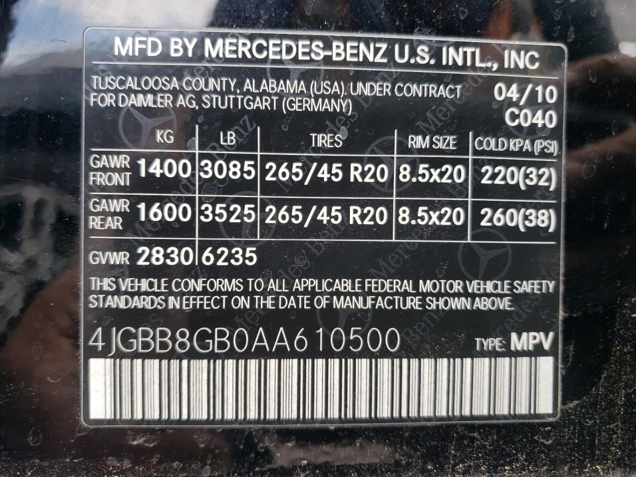 4JGBB8GB0AA610500 2010 Mercedes-Benz Ml 350 4Matic