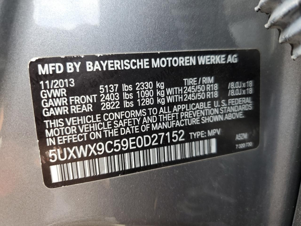 2014 BMW X3 xDrive28I VIN: 5UXWX9C59E0D27152 Lot: 69974564