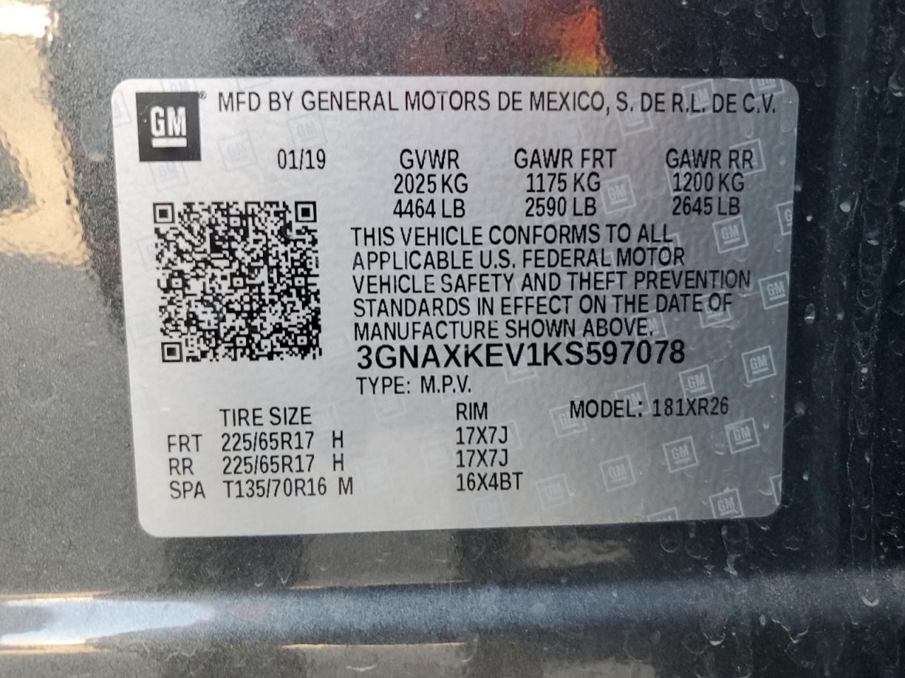 3GNAXKEV1KS597078 2019 Chevrolet Equinox Lt