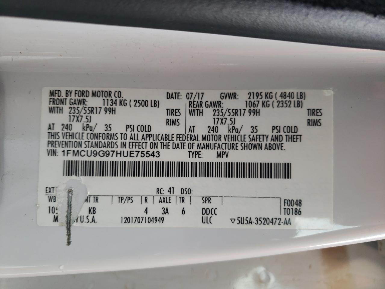 1FMCU9G97HUE75543 2017 Ford Escape Se