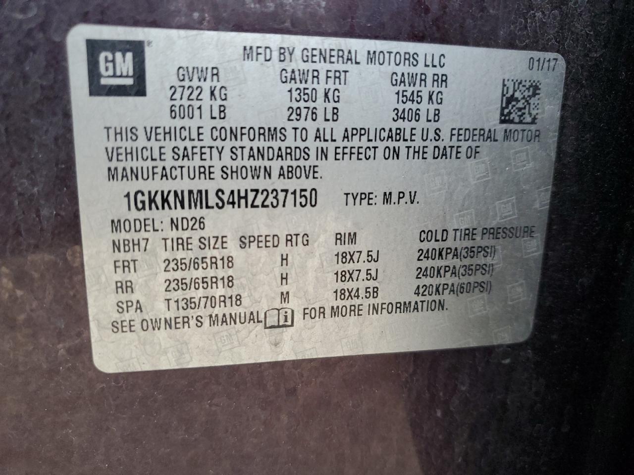 1GKKNMLS4HZ237150 2017 GMC Acadia Slt-1