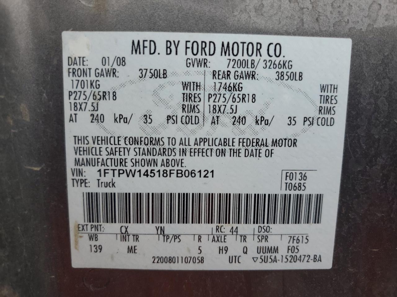 2008 Ford F150 Supercrew VIN: 1FTPW14518FB06121 Lot: 73005044