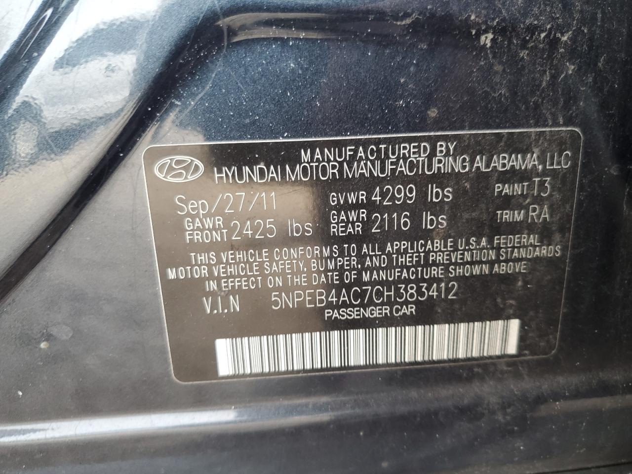 5NPEB4AC7CH383412 2012 Hyundai Sonata Gls