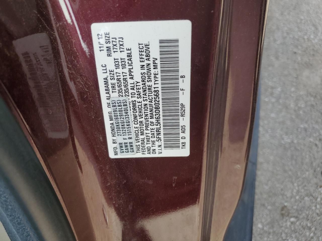 5FNRL5H63DB025681 2013 Honda Odyssey Exl