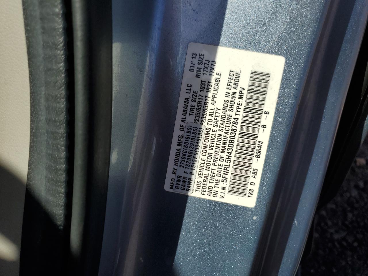 5FNRL5H43DB038784 2013 Honda Odyssey Ex