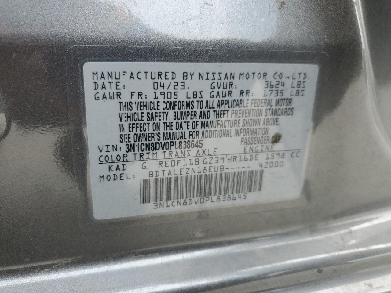 3N1CN8DV0PL838645 2023 Nissan Versa S