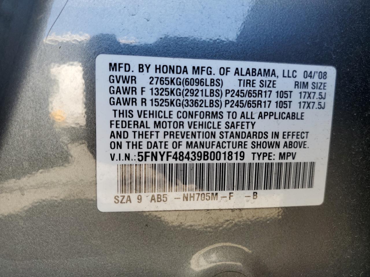 2009 Honda Pilot Ex VIN: 5FNYF48439B001819 Lot: 73841094