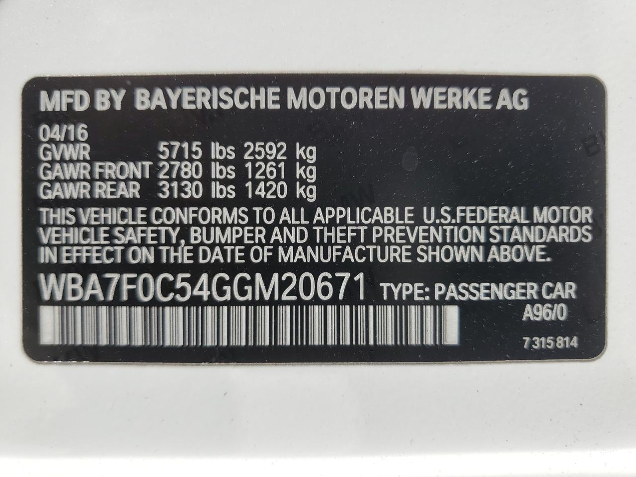 2016 BMW 750 I VIN: WBA7F0C54GGM20671 Lot: 70768764