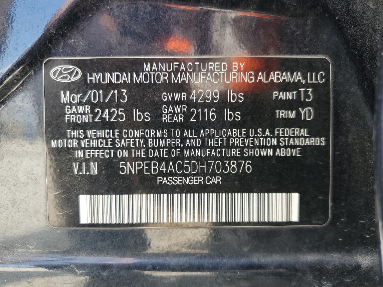 5NPEB4AC5DH703876 2013 Hyundai Sonata Gls