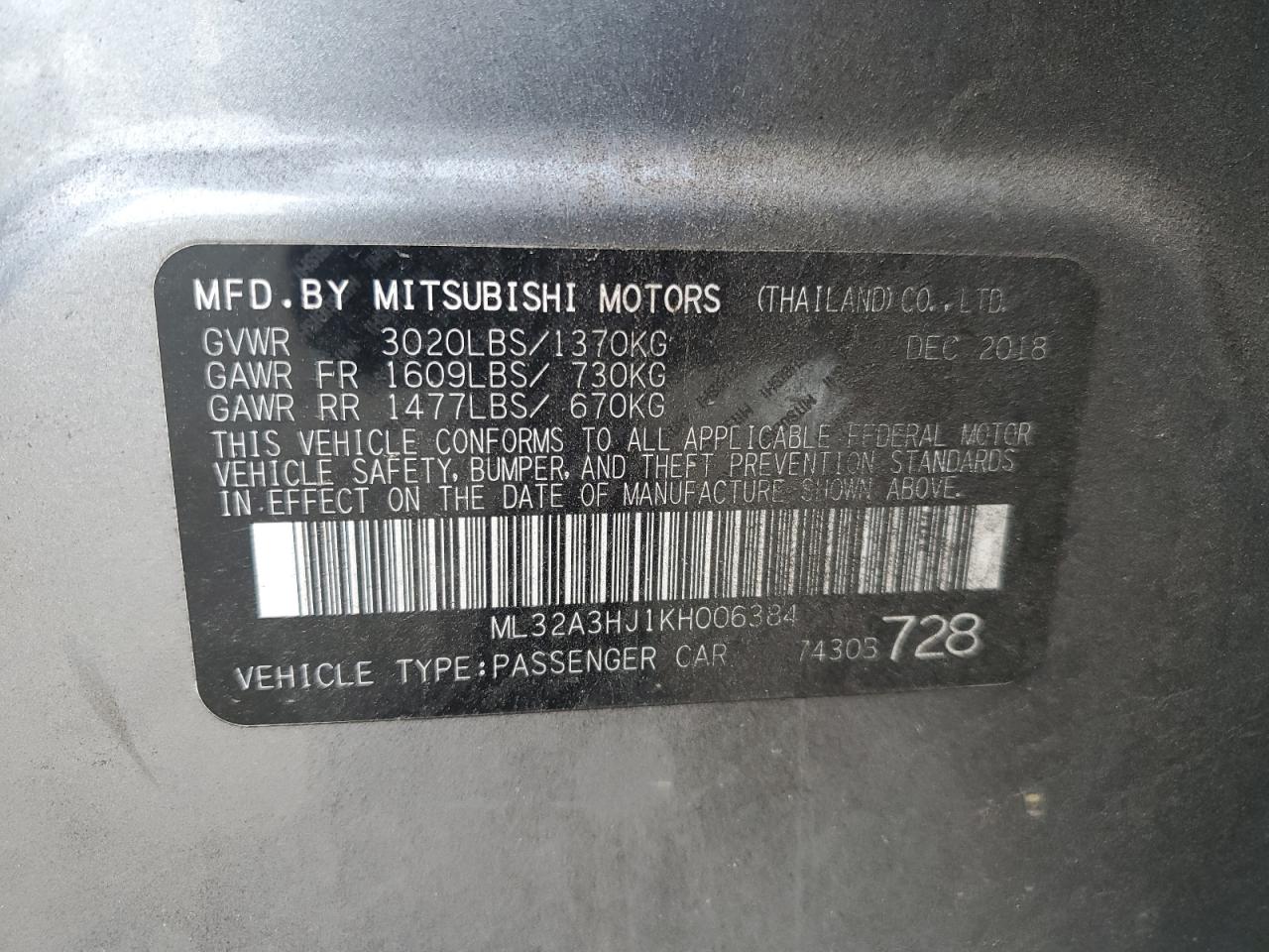 ML32A3HJ1KH006384 2019 Mitsubishi Mirage Es