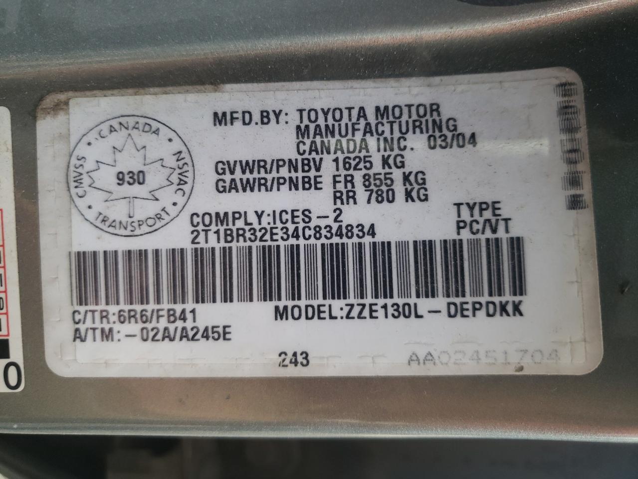 2004 Toyota Corolla Ce VIN: 2T1BR32E34C834834 Lot: 72838224