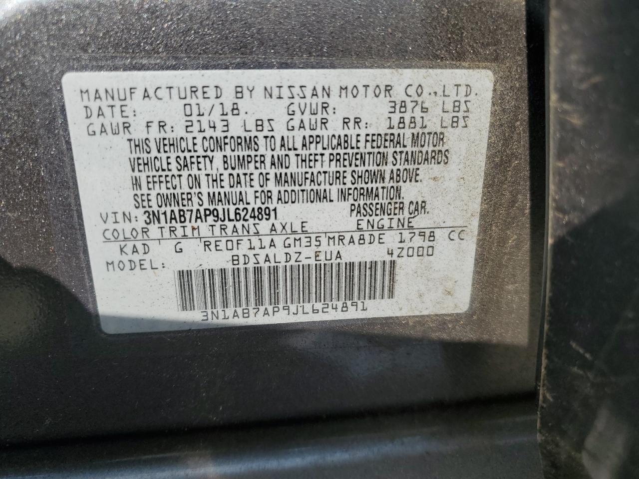 3N1AB7AP9JL624891 2018 Nissan Sentra S