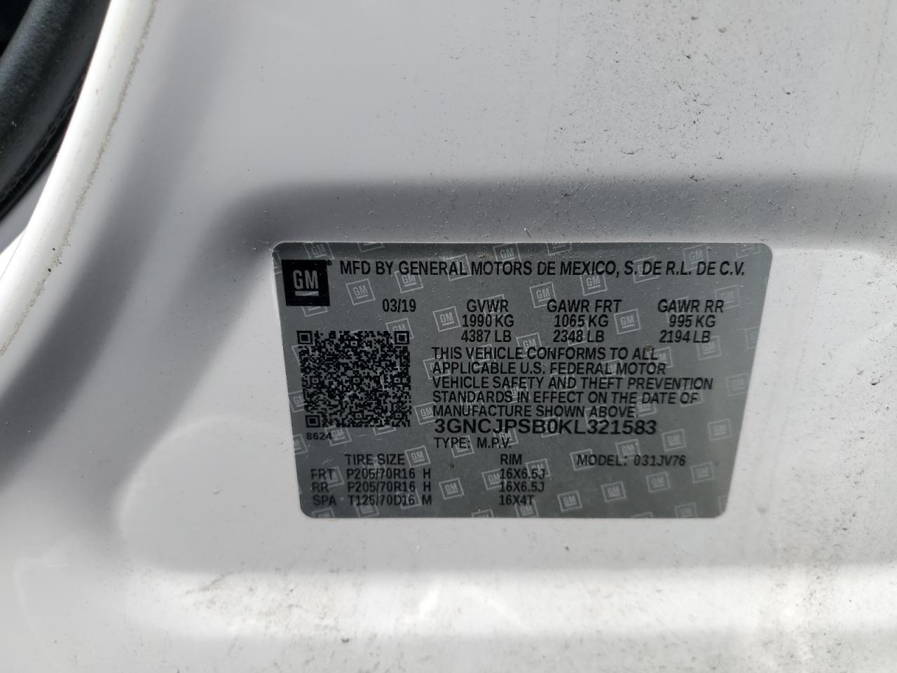 3GNCJPSB0KL321583 2019 Chevrolet Trax 1Lt