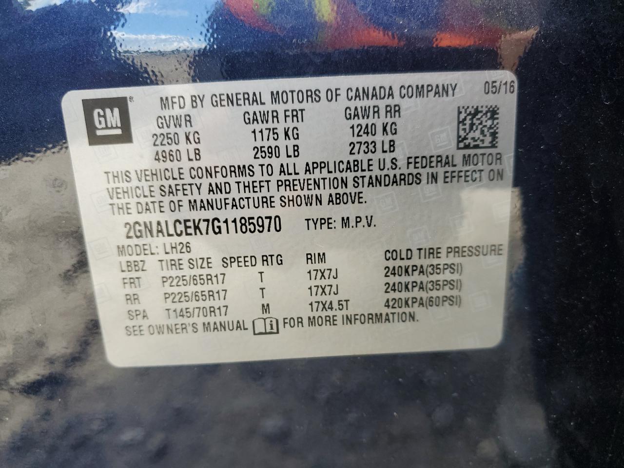 2GNALCEK7G1185970 2016 Chevrolet Equinox Lt