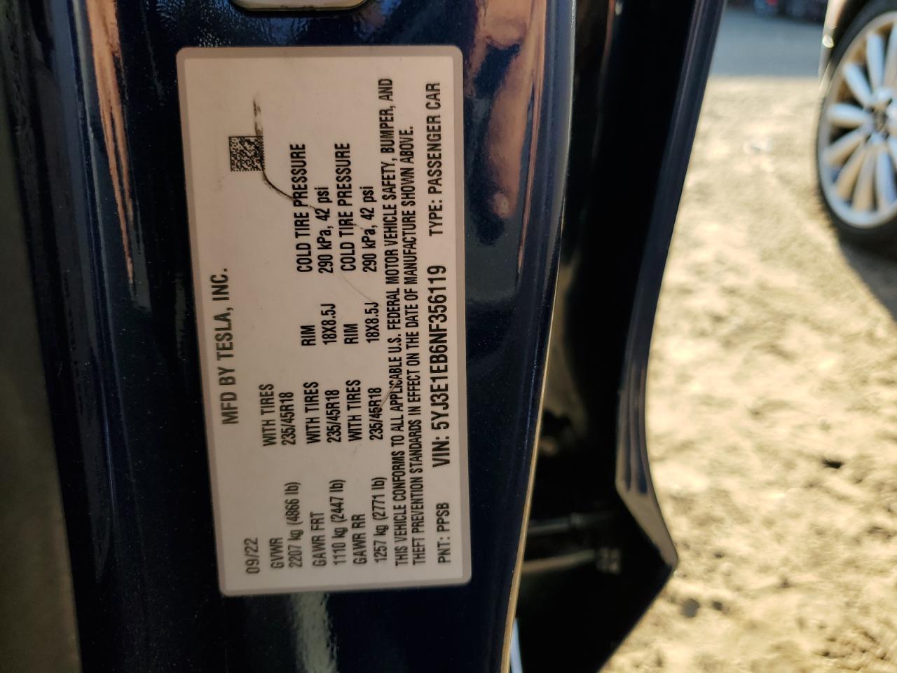 5YJ3E1EB6NF356119 2022 Tesla Model 3