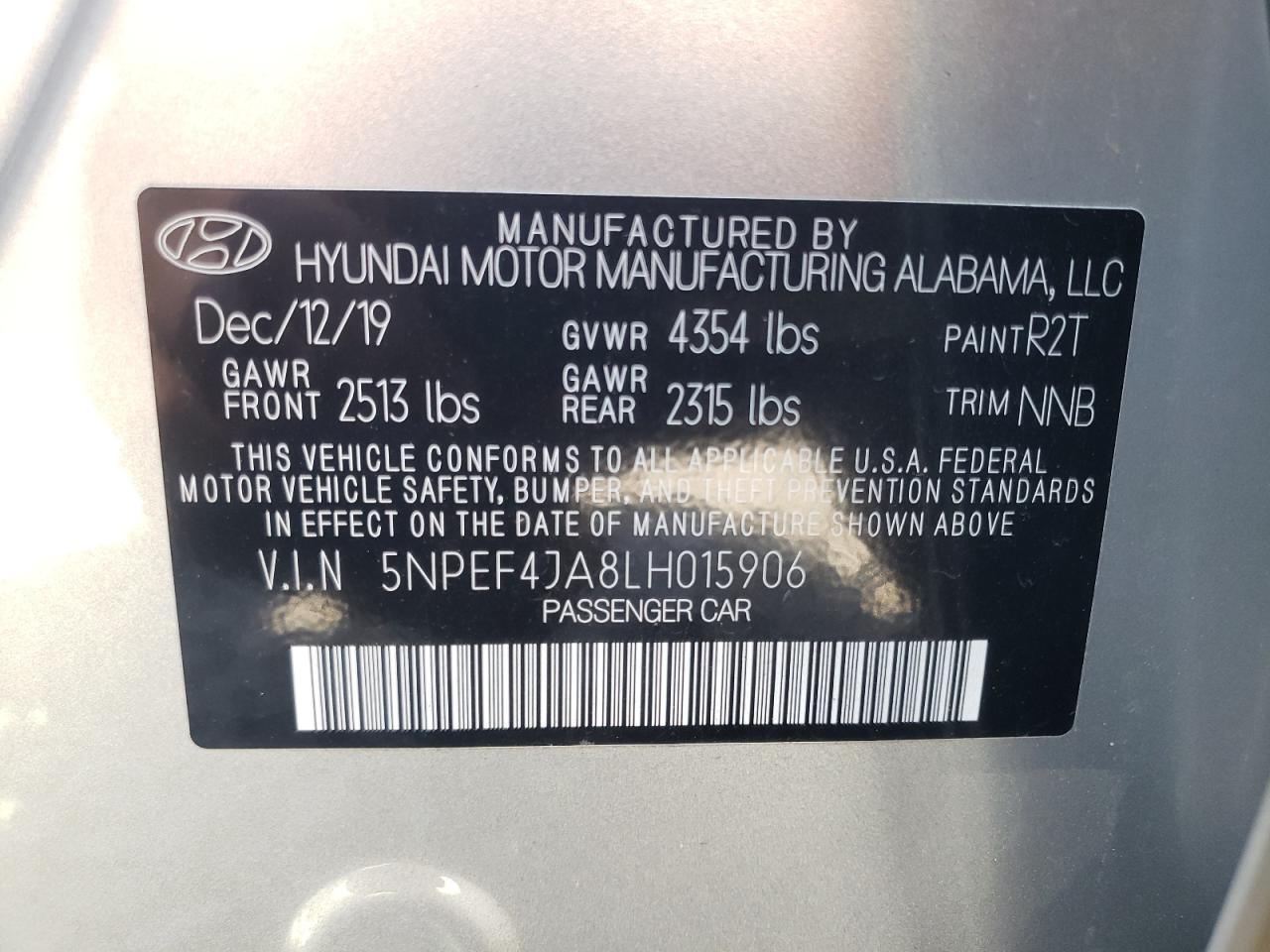 5NPEF4JA8LH015906 2020 Hyundai Sonata Sel