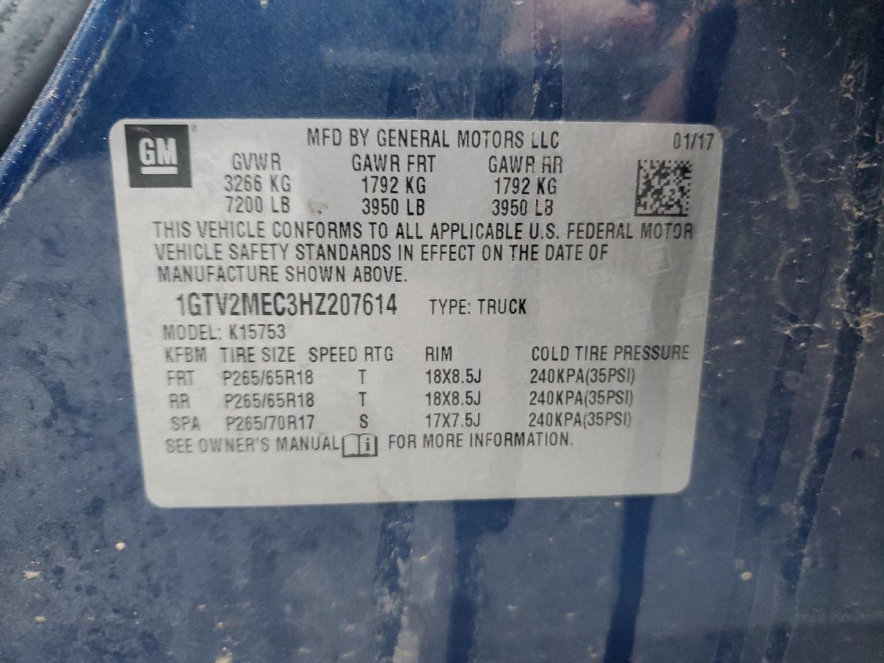 1GTV2MEC3HZ207614 2017 GMC Sierra K1500 Sle