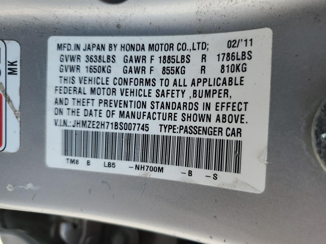 2011 Honda Insight Ex VIN: JHMZE2H71BS007745 Lot: 70469324