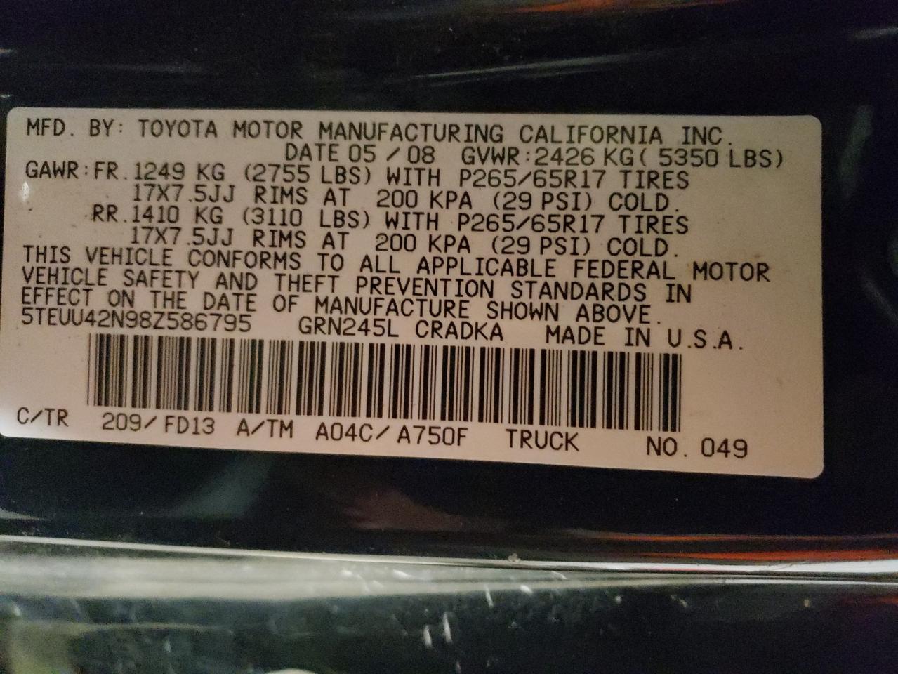 2008 Toyota Tacoma Access Cab VIN: 5TEUU42N98Z586795 Lot: 72650454