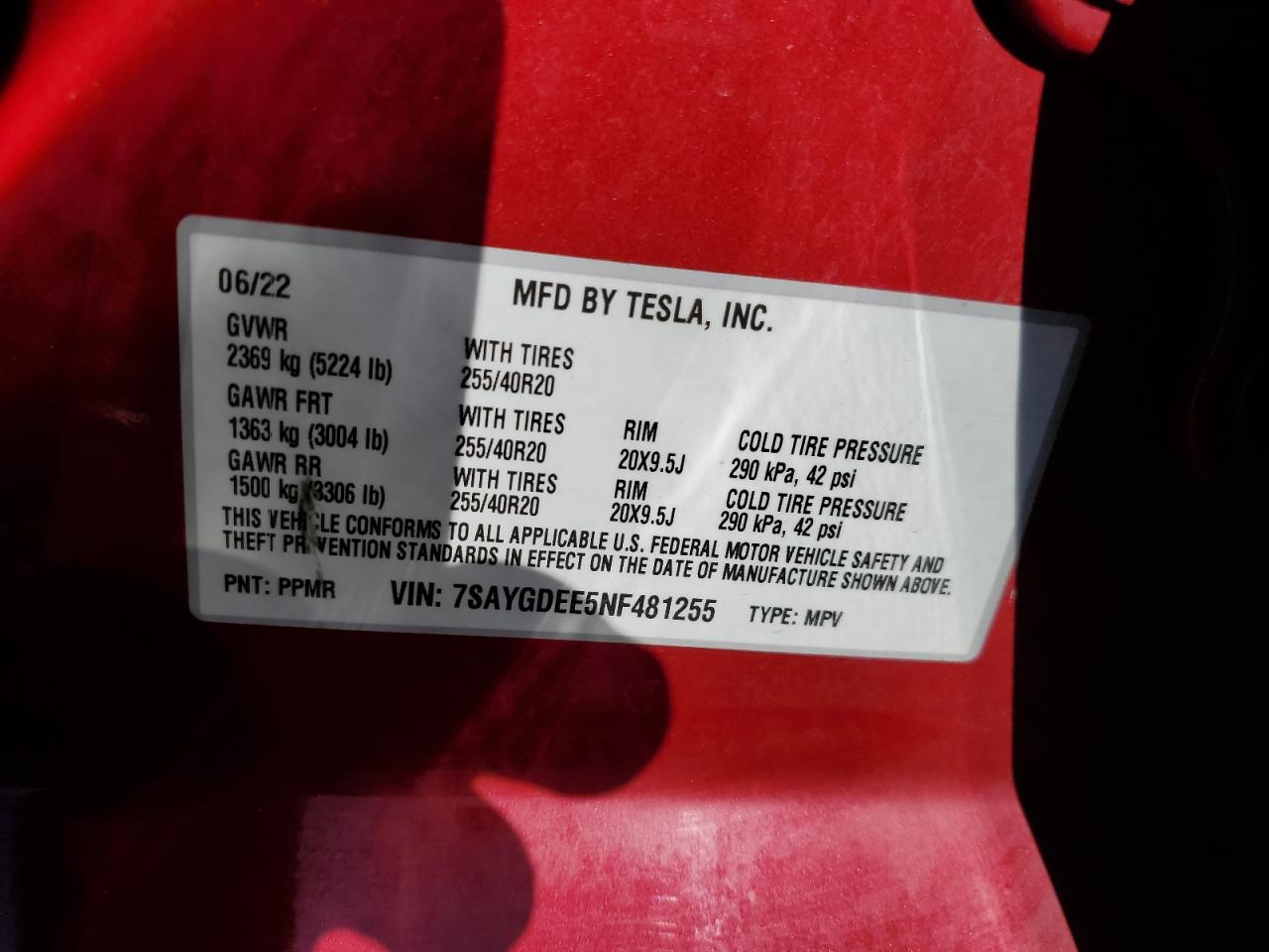 7SAYGDEE5NF481255 2022 Tesla Model Y