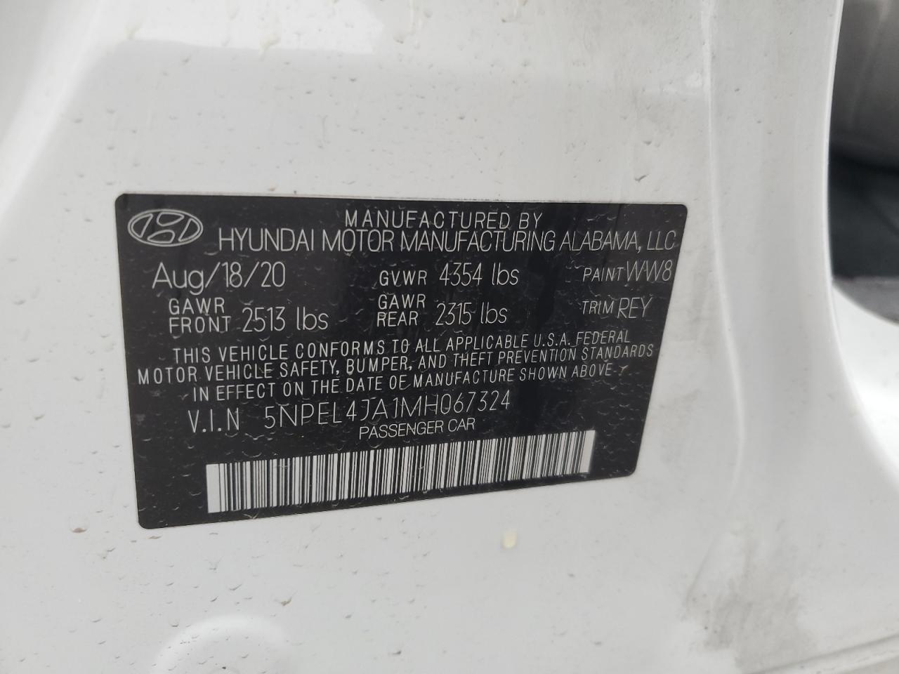 2021 Hyundai Sonata Sel VIN: 5NPEL4JA1MH067324 Lot: 69380454