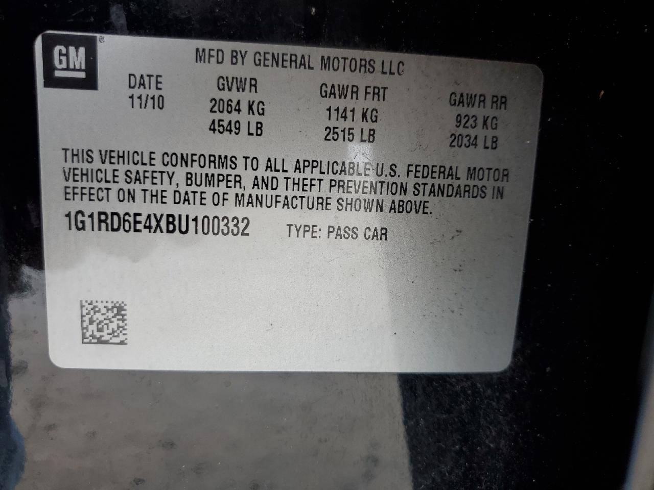 1G1RD6E4XBU100332 2011 Chevrolet Volt