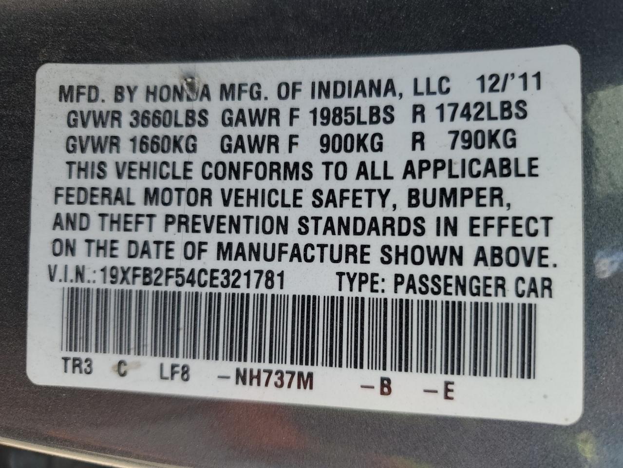 2012 Honda Civic Lx VIN: 19XFB2F54CE321781 Lot: 71648384