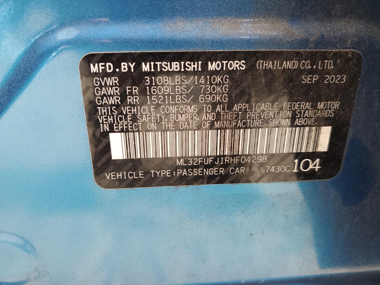 2024 Mitsubishi Mirage G4 Es VIN: ML32FUFJ1RHF04298 Lot: 71618454