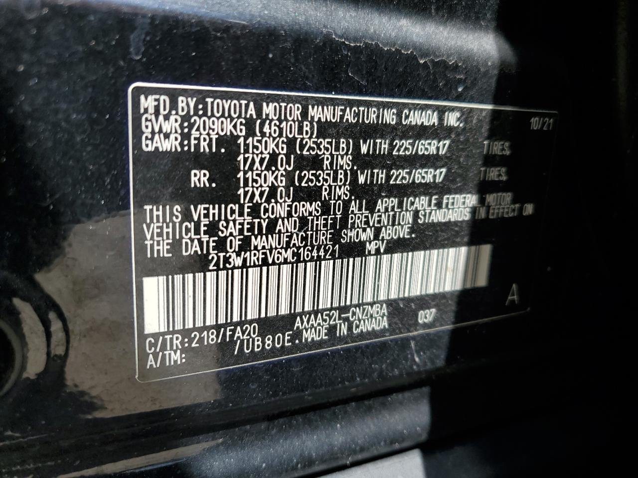 2T3W1RFV6MC164421 2021 Toyota Rav4 Xle