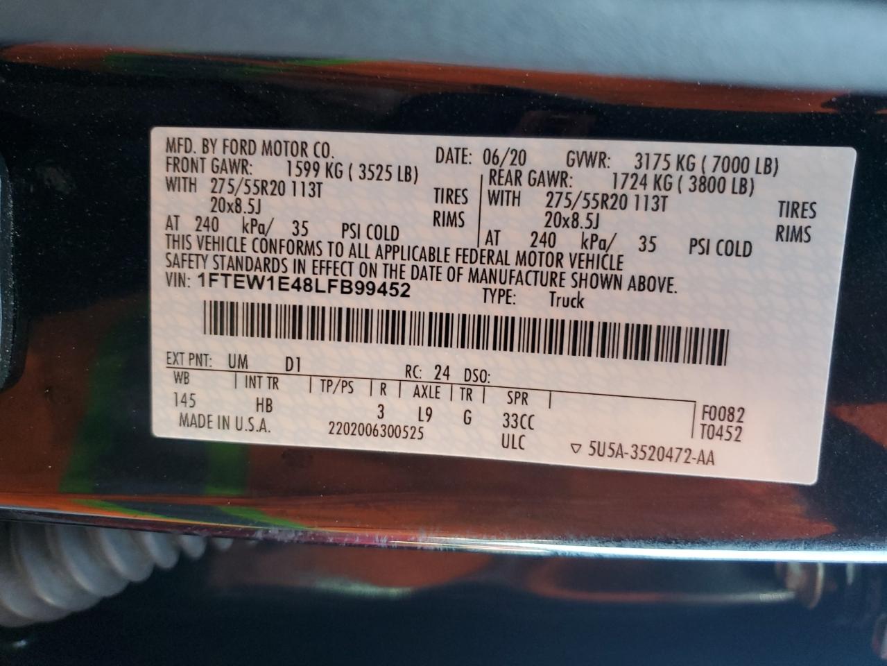 2020 Ford F150 Supercrew VIN: 1FTEW1E48LFB99452 Lot: 73683074