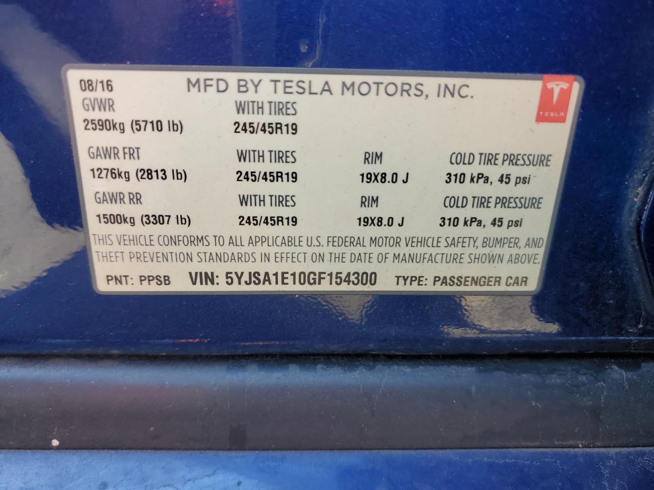 5YJSA1E10GF154300 2016 Tesla Model S