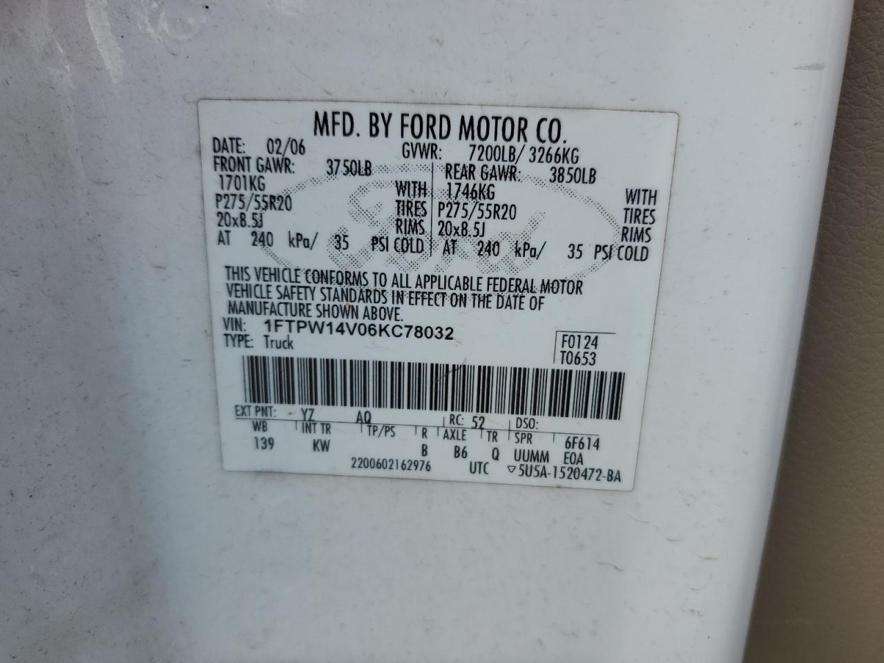 1FTPW14V06KC78032 2006 Ford F150 Supercrew