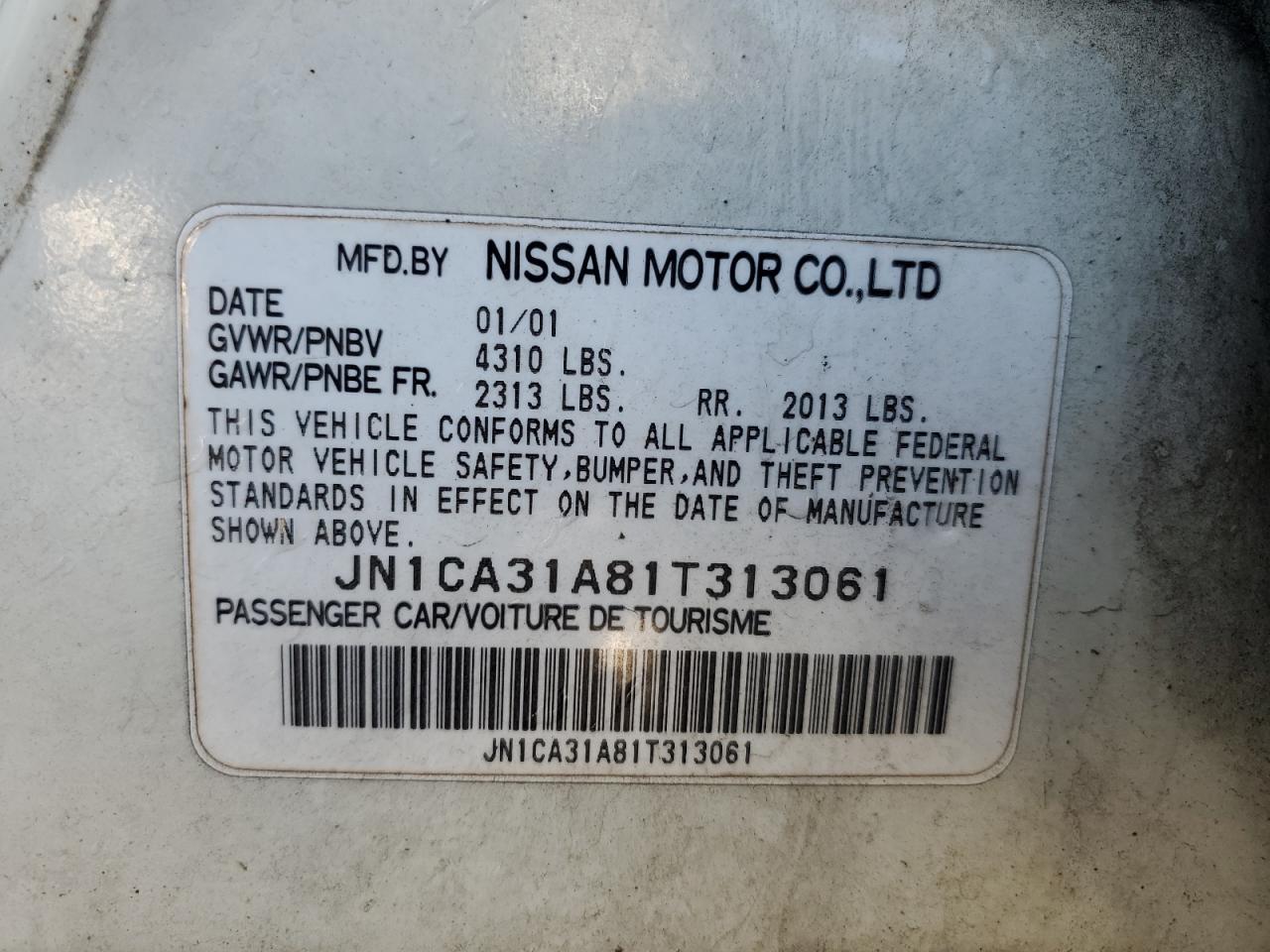 JN1CA31A81T313061 2001 Nissan Maxima Gxe