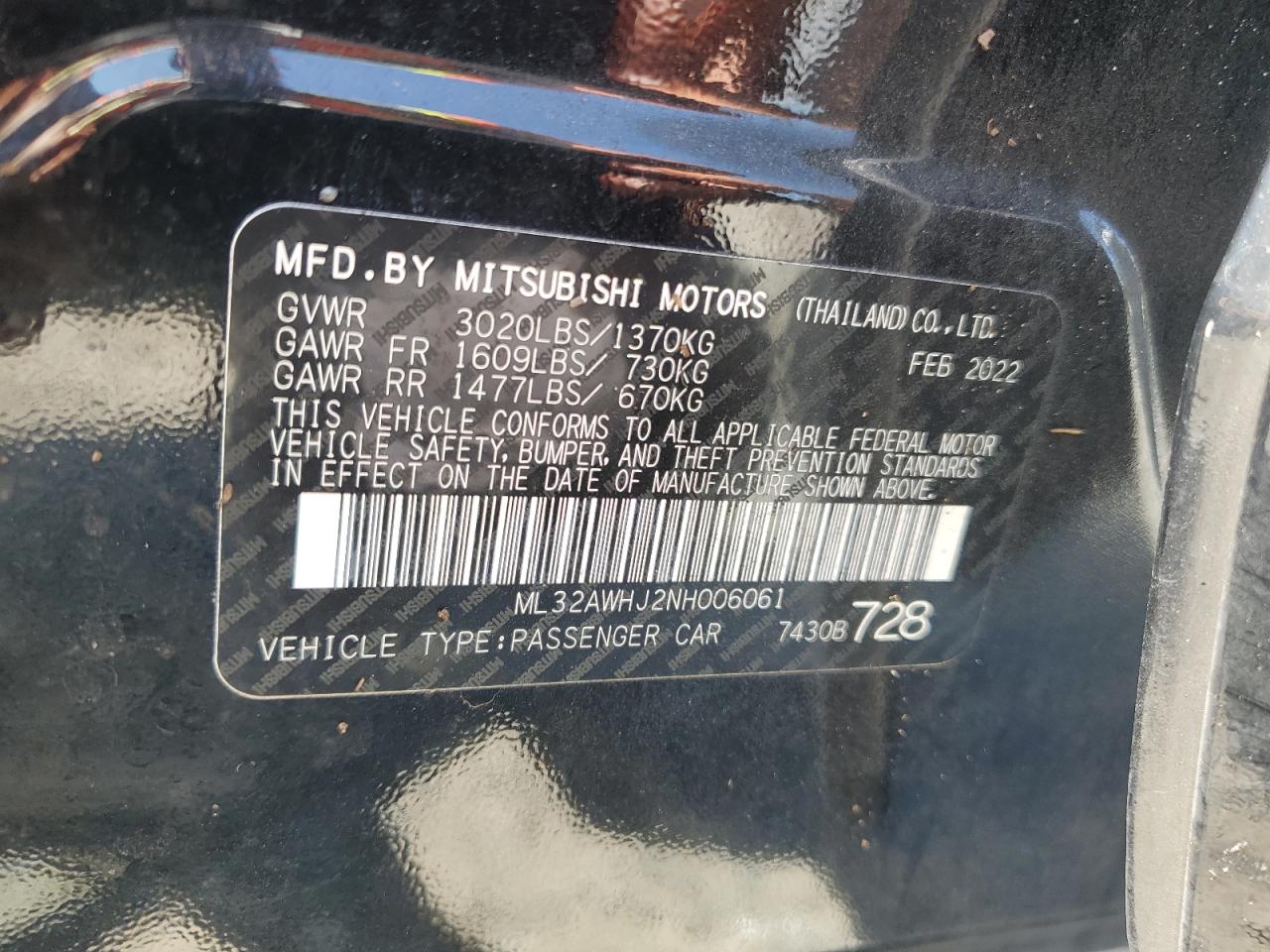 2022 Mitsubishi Mirage Se VIN: ML32AWHJ2NH006061 Lot: 73797844