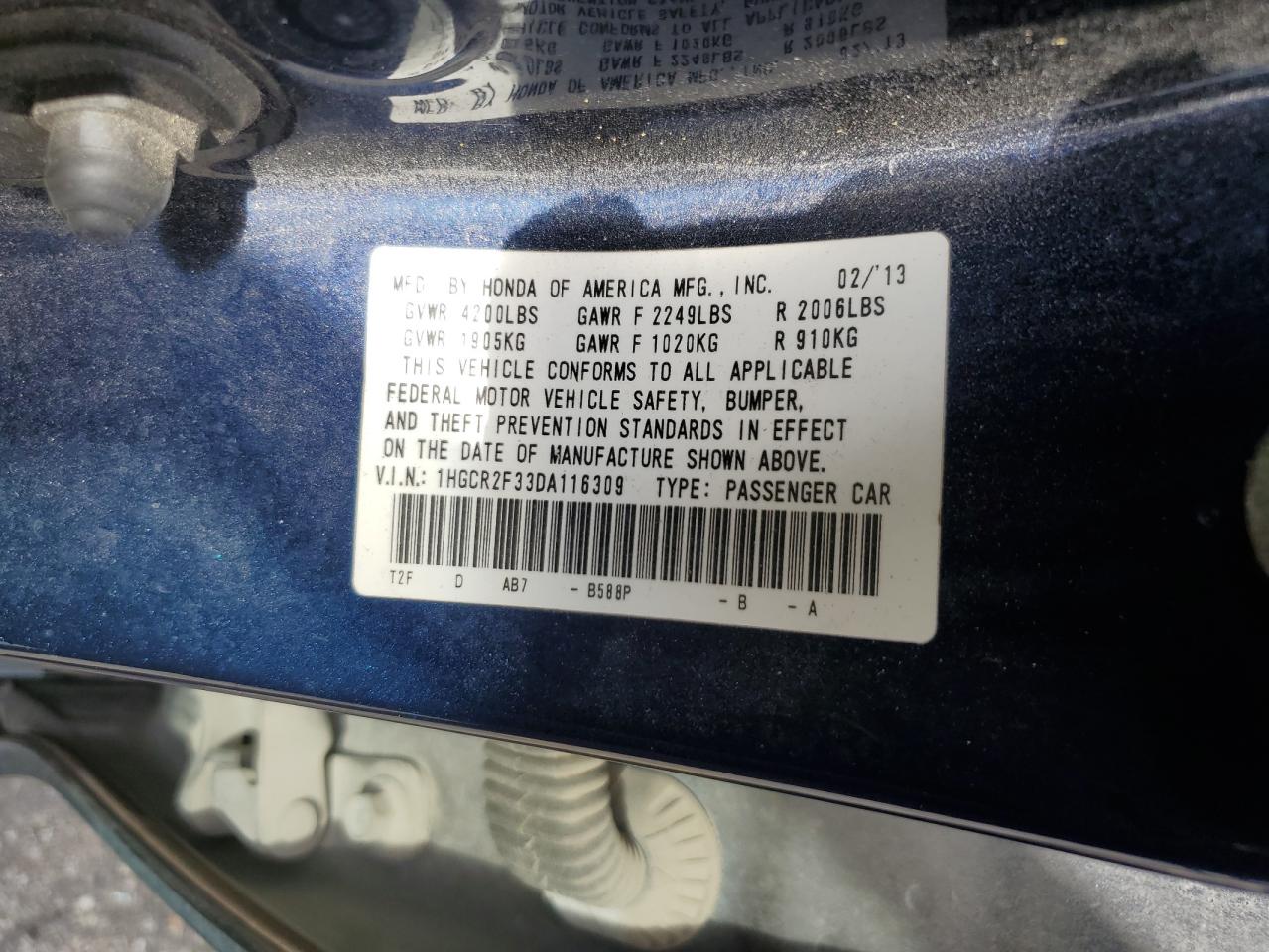 1HGCR2F33DA116309 2013 Honda Accord Lx