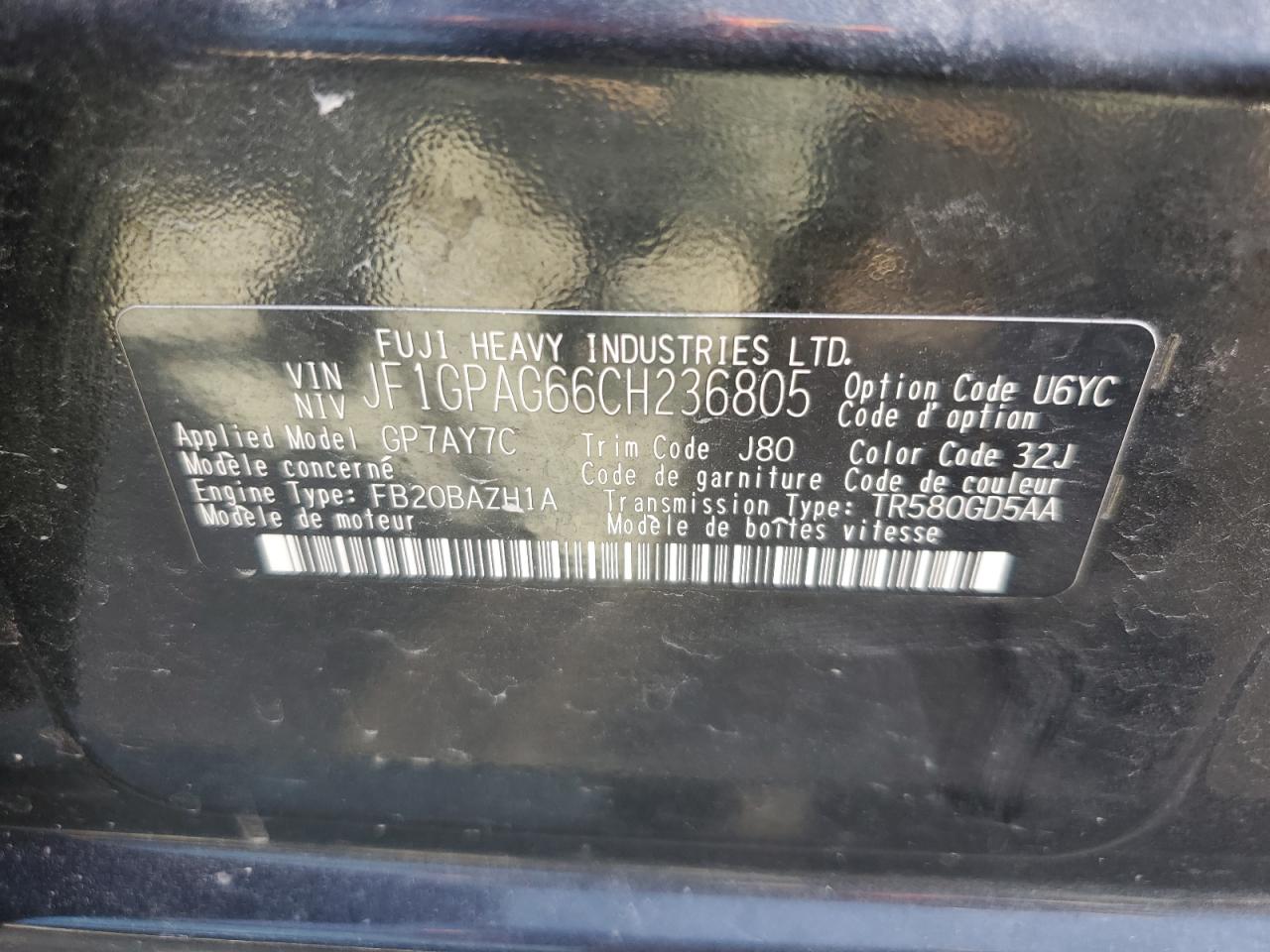 JF1GPAG66CH236805 2012 Subaru Impreza Limited