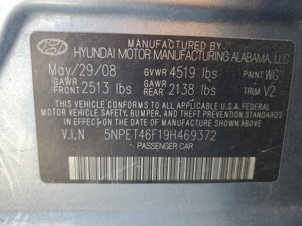 5NPET46F19H469372 2009 Hyundai Sonata Gls