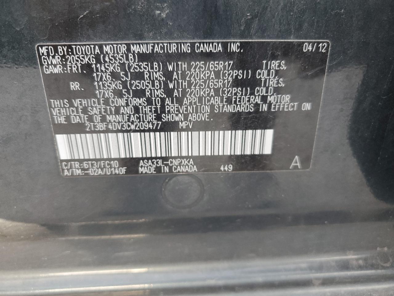 2T3BF4DV3CW209477 2012 Toyota Rav4