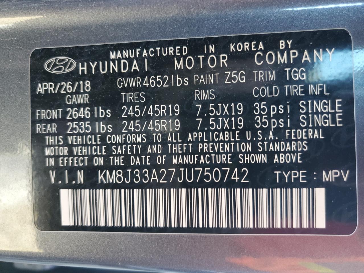 KM8J33A27JU750742 2018 Hyundai Tucson Value