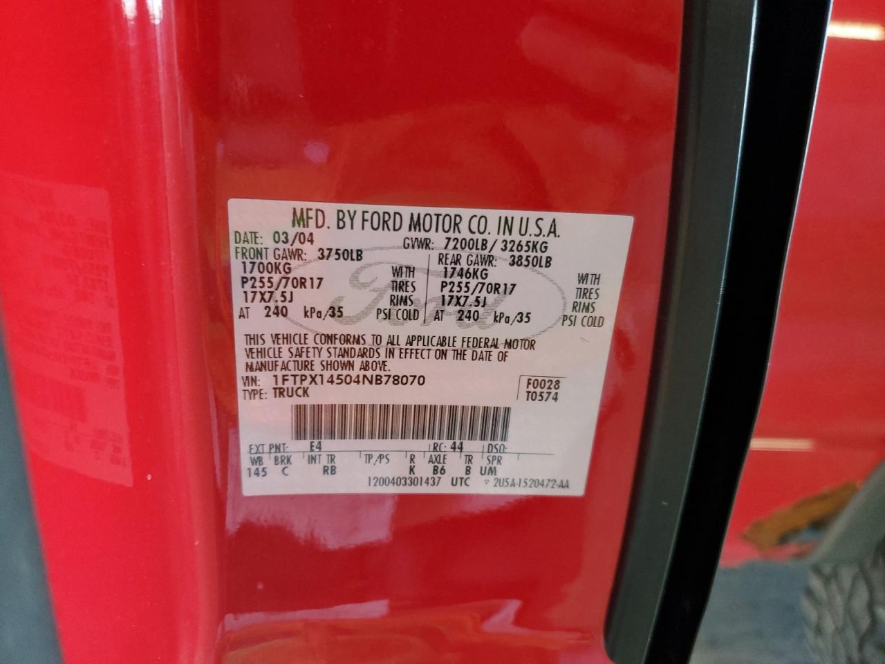 2004 Ford F150 VIN: 1FTPX14504NB78070 Lot: 70444194